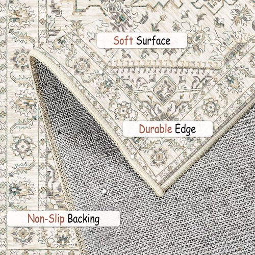 HAJDCUTC 8'x10' Area Rugs for Living Room, Machine Washable Non Slip Vintage Retro Rugs, Low Pile Lightweight Chenille Print Rug for Bedroom, Dining Room, Home Office, White