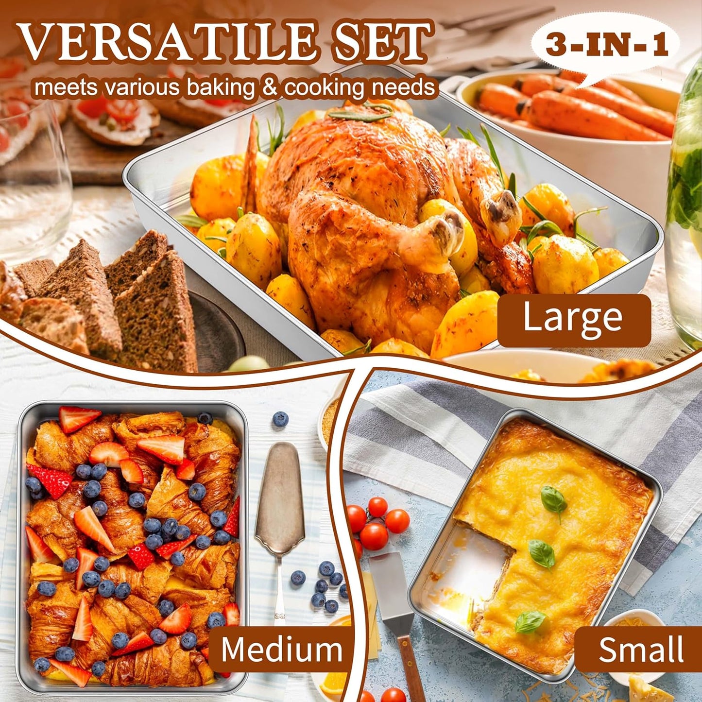 TeamFar Stainless Steel Baking Pans Set of 3 - Deep Rectangle Bakeware for Cookies & Cakes | 12.5/10.5/9.4 Inch