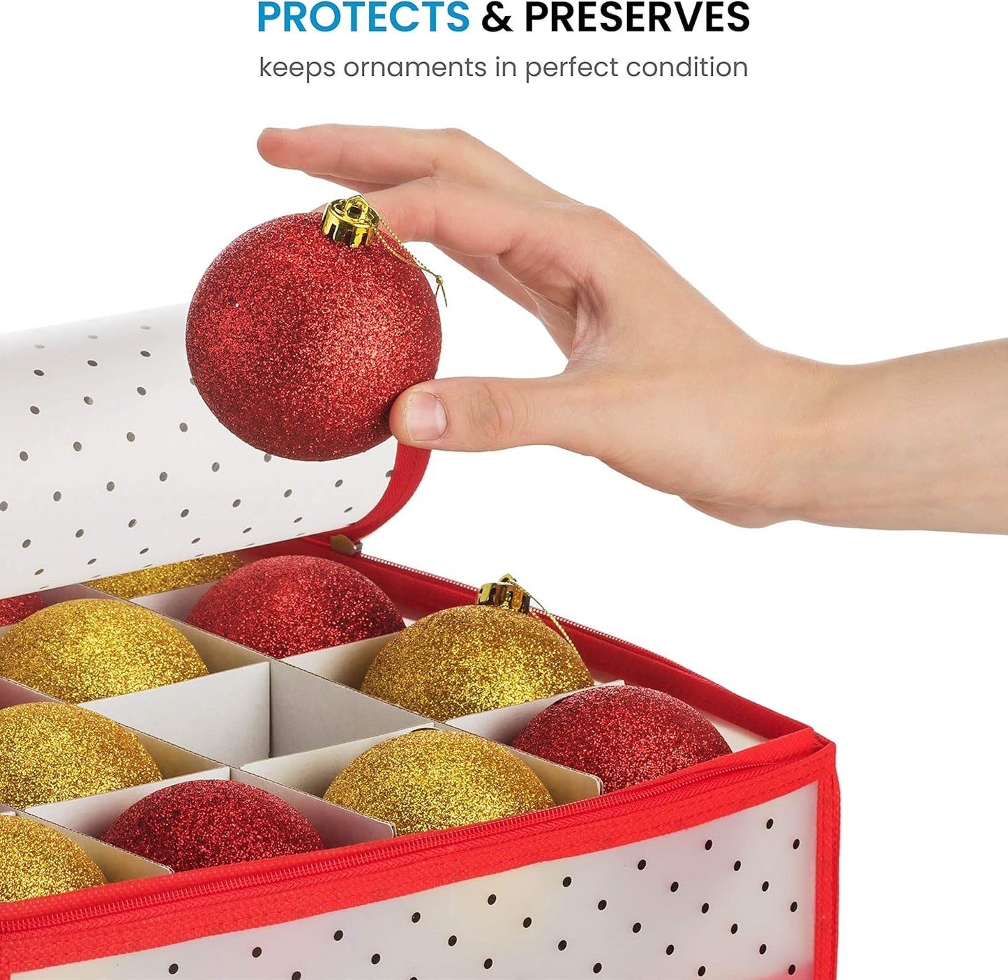 ZOBER Christmas Ornament Storage Box - Store 128 Ornaments with 2-Sided Zipper - Red (Pack of 2)