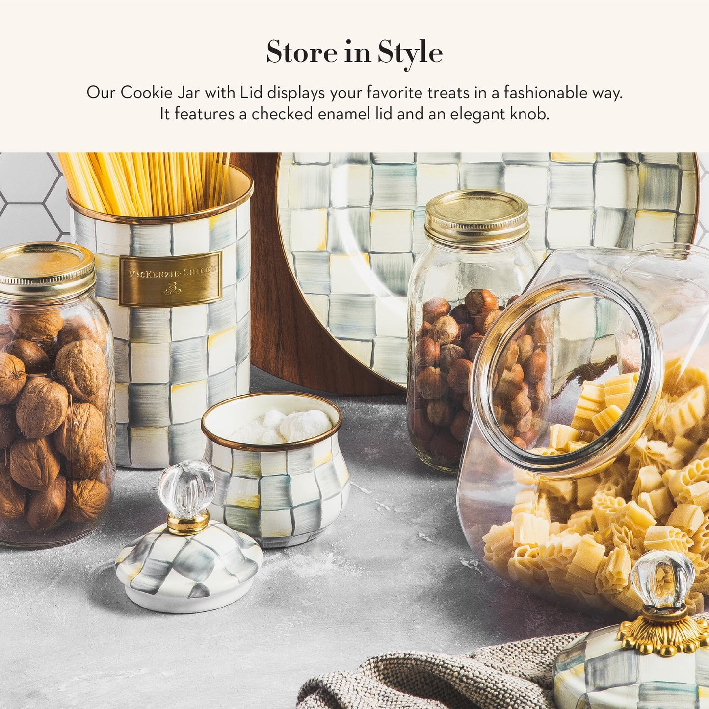 MACKENZIE-CHILDS Cookie Jar with Enamel Lid, Large Glass Treat Jar or Kitchen Jar, 1-Gallon Capacity, Gray-and-White Sterling Check