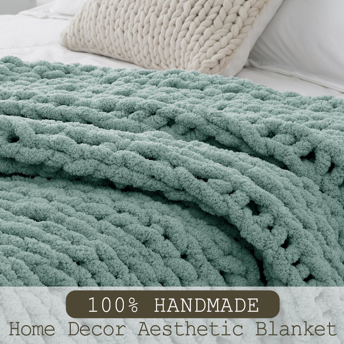 LONG CREATE Chunky Knit Throw Blanket 60"X 80", 100% Handmade with Soft Chenille Yarn, 6.7lbs Thick Cable Knitted Blankets, Large Rope Knot Crochet Throws for Couch Sofa Bed Home Decor, Sage Green
