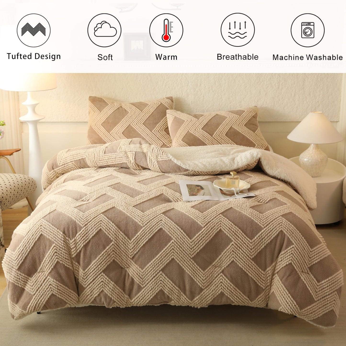 tohrisa Tufted Boho Comforter Set Twin - Beige Fluffy Sherpa Bedding Set, Soft Fuzzy Jacquard Quilt Set, 2 Pieces Cozy Bed Set Warm Comforter for Winter(68"X90")