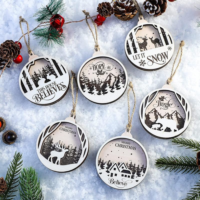 Jetec 6 Pcs Rustic Christmas Ornaments – Round Wooden Deer Forest Decor (Variation: Round Style)