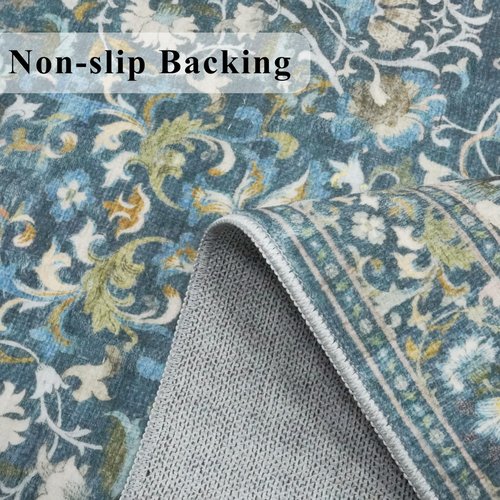 4x8 Washable Kitchen Area Rug: Farmhouse Stain-Resistant Elegant Floral Rug for Living Room Bedroom Wide Soft Carpet for Entryway Bathroom Thin Hallway Floor Mat with Non Slip Backing(4x8,Floral/Blue)