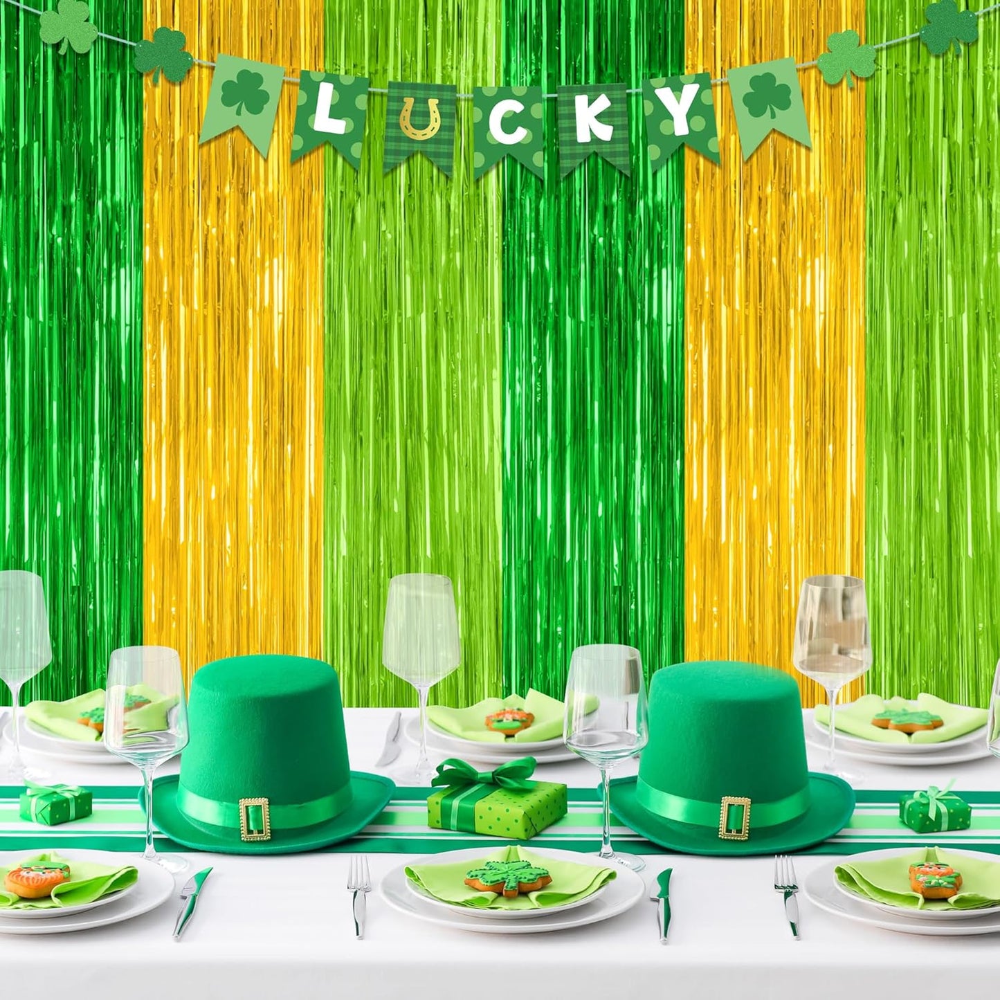 St. Patrick's Day Party Decorations - 2 Pack Green & Gold Backdrop Curtains | 3.28 FT x 7.05 FT Metallic Fringe