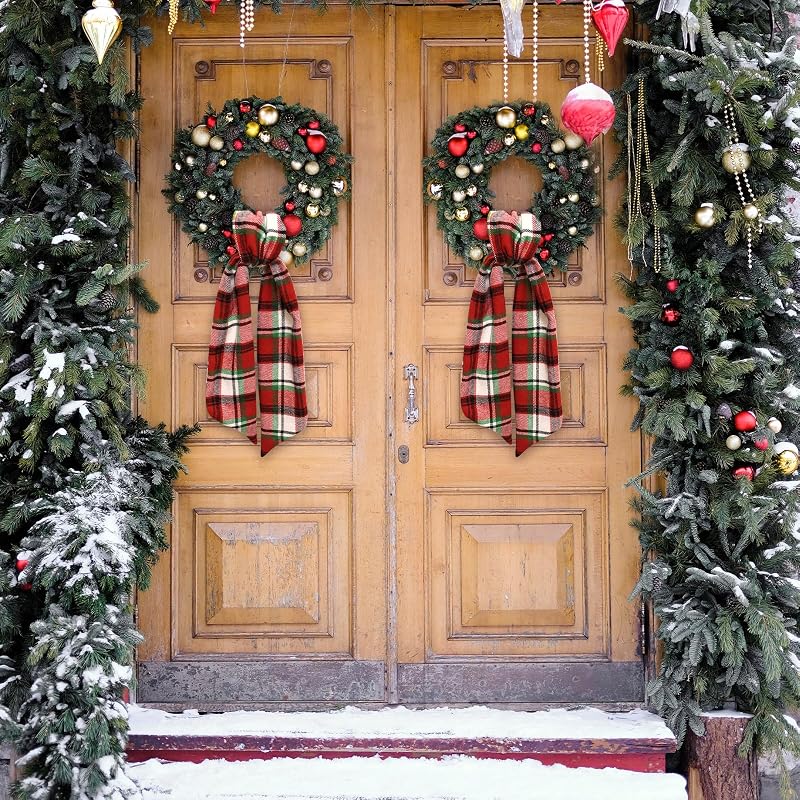Red Plaid Burlap Wreath Sash for Front Door - Holiday Christmas Ribbon Accessory (Variation: Red Plaid)