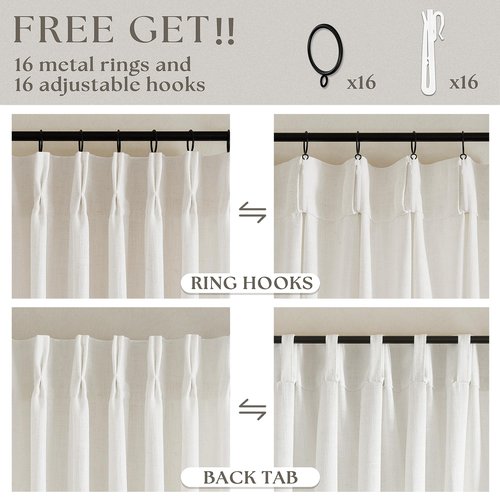Natural Pinch Pleated Linen Curtains 84 Inch Length 2 Panels for Living Room Bedroom Textured Cream Ivory Birch Semi Sheer Boho Neutral Back Tab Pinch Pleat Hooks Rings Window Curtain 84 Inches Long