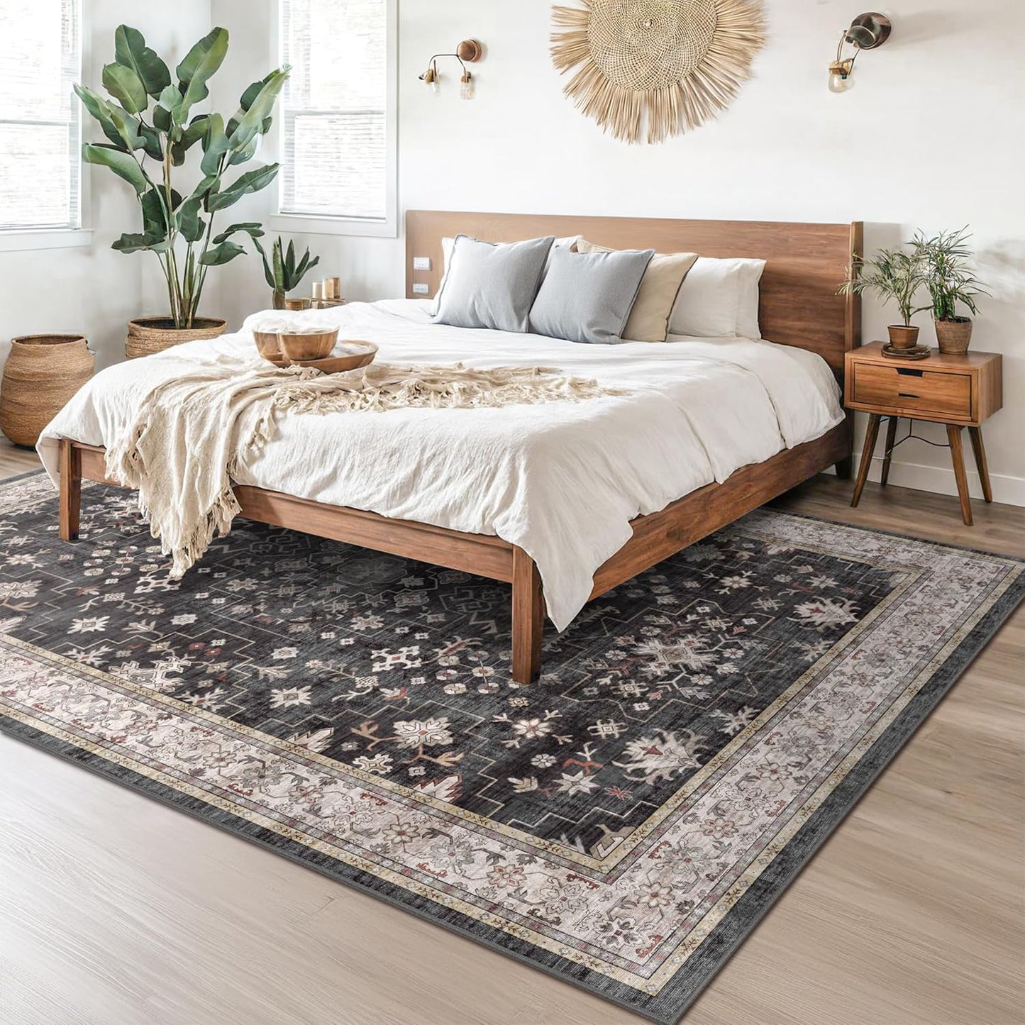 Skiennix Black Boho Rug - Washable Vintage Low Pile Carpet for Living Room | 9x12 Non-Slip Design