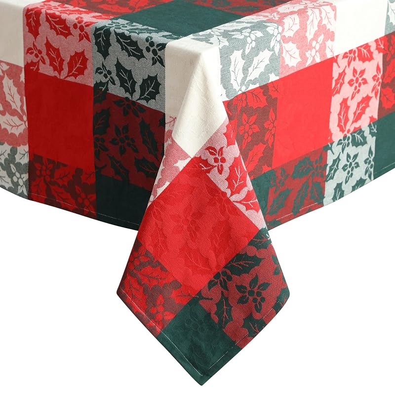 Newbridge Holiday Holly Check 60x102 Inch Rectangle Tablecloth - Cotton-Rich Christmas Nativity