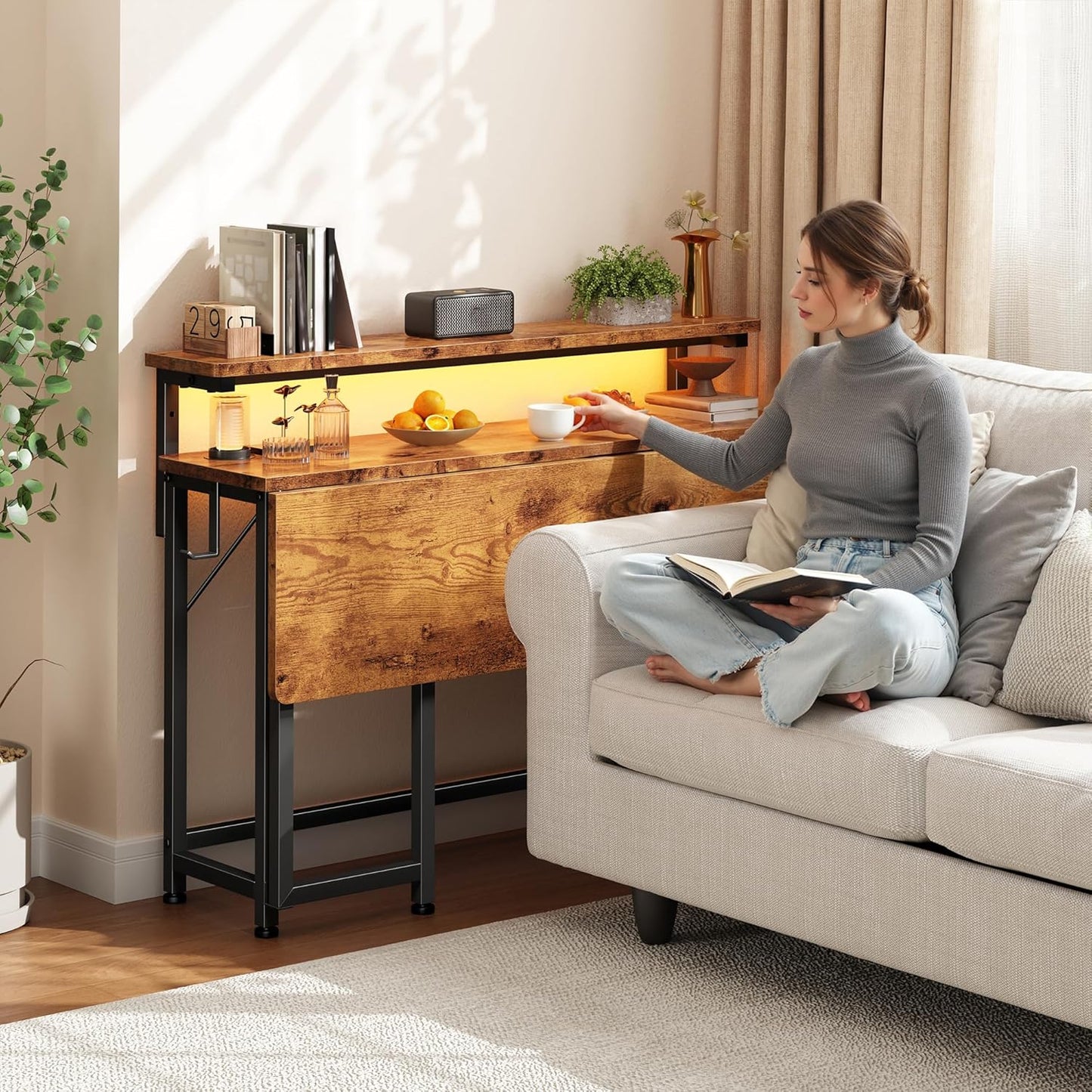 DurayLoly Folding Desk - Compact Computer Desk with Monitor Stand & LED Lights | 31.5 Inch Rustic Brown
