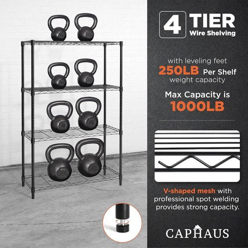 CAPHAUS 4-Tier Wire Shelving Unit - Adjustable Height Metal Storage Rack | Black Utility Organizer