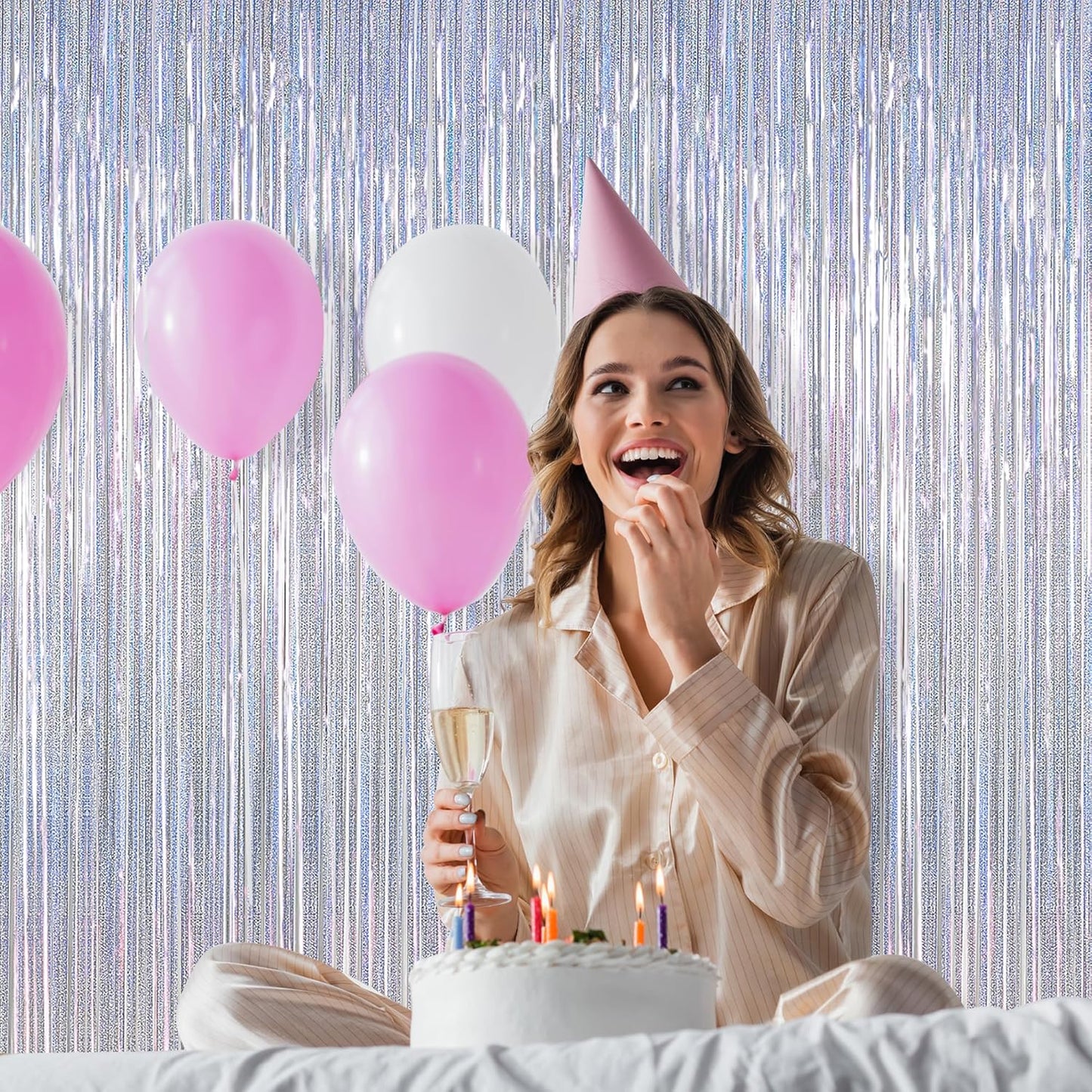 NYE Silver Tinsel Foil Curtain - 4 Pack Glitter Backdrop | 3.28 FT x 7.05 FT Metallic Party Decor