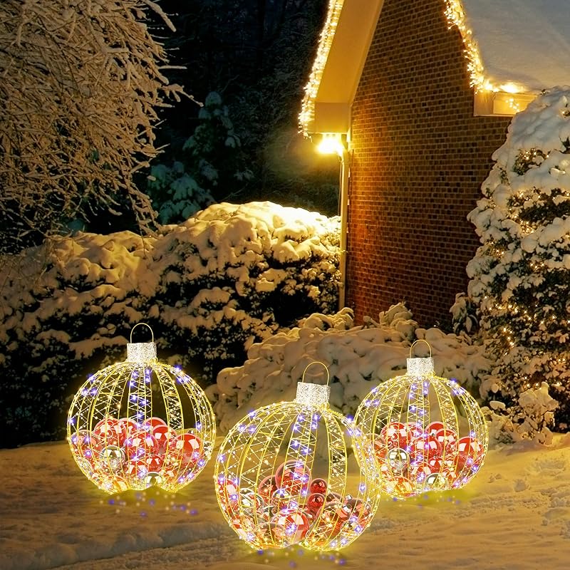 Gold 3 Pack Christmas Lighted Balls – 15/20/25in Outdoor Indoor LED Orbs (Variation: Gold/3 PCS)