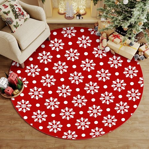 HUGEAR Christmas Area Rug 6x6 Round Rug Circle Machine Washable Rugs Low Pile Carpet Indoor Door Mat Red/White Non-Slip Snowflake Rug for Bedroom Kitchen Entryway Bathroom