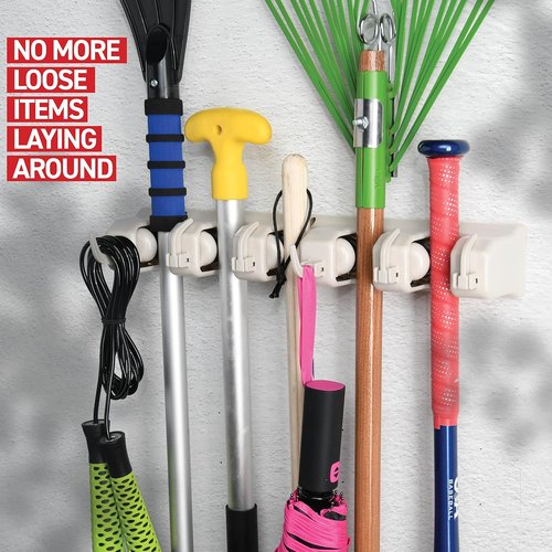 HOME IT Mop And Broom Holder - Wall-Mounted Garage Storage System with 5 Slots & 6 Hooks | Off-White