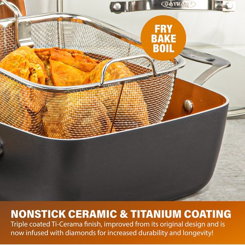 GOTHAM STEEL - 6 Quart XL Nonstick Copper Deep Square All in One 6 Qt Casserole Chef’s Pan & Stock Pot- 4 Piece Set, Includes Frying Basket and Steamer Tray, Dishwasher Safe,Brown