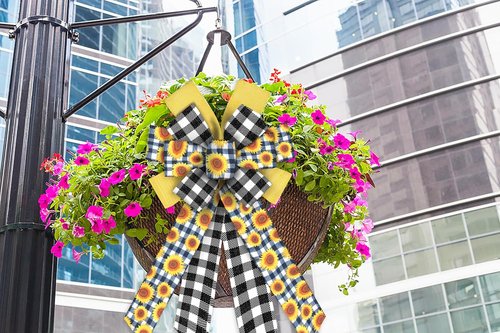 ABTOLS Large Spring Bows - Black & White Buffalo Plaid | Yellow Floral Wreath Decor for Indoor & Outdoor Use