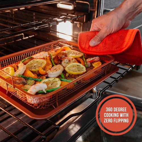 Chef Pomodoro Air Fryer Tray - Copper Crisper Tray Set for Oven & Toaster Oven | 2-Piece Baking Pan