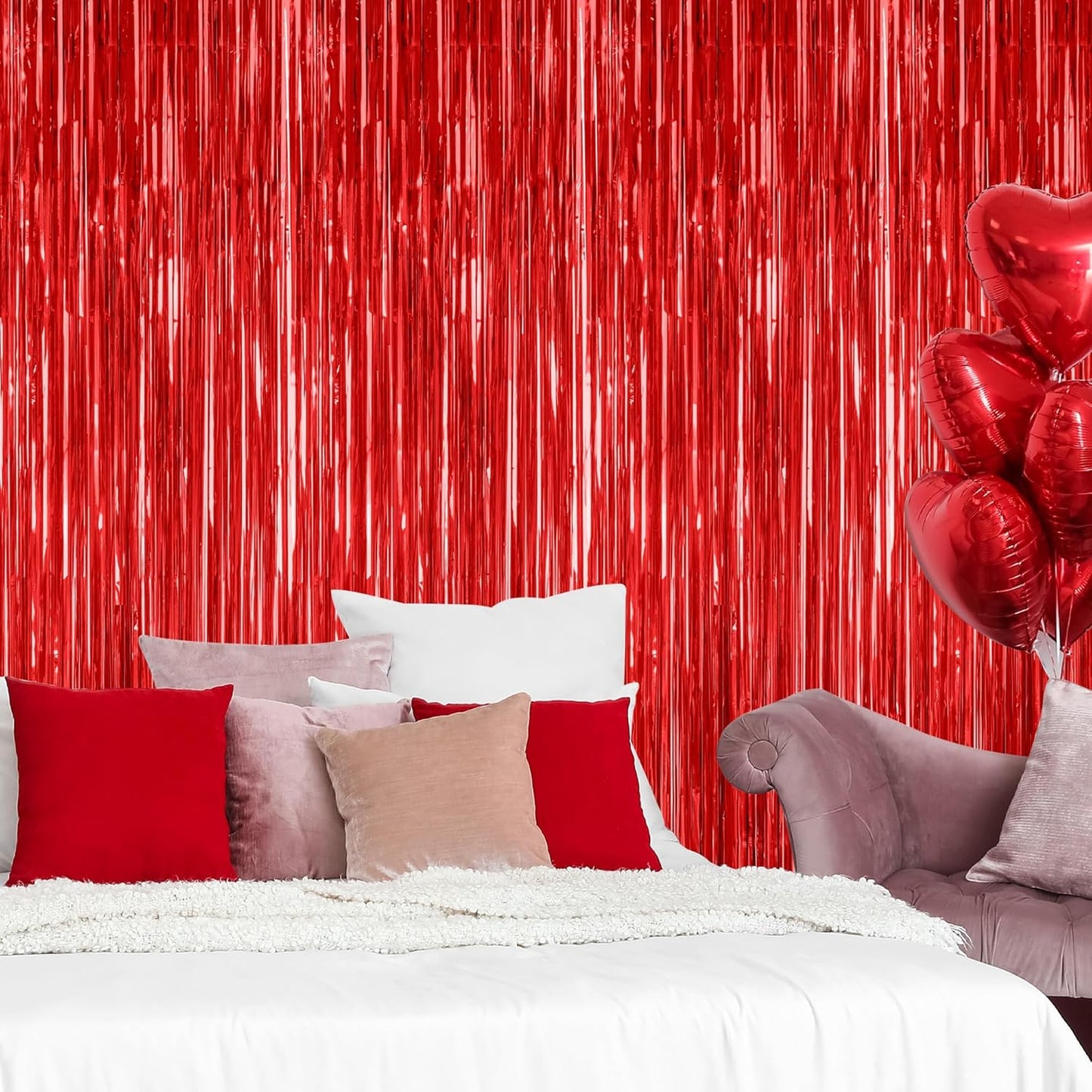 Skiennix Red Tinsel Backdrop - 2 Pack Fringe Curtains | 3.28 FT x 7.05 FT for Valentine's Day & Weddings