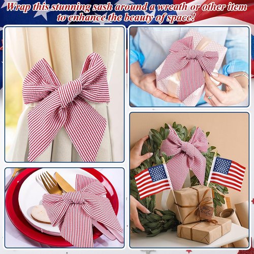 Hahafelt Patriotic Wreath Sashes - American Flag Design | 56 x 4.5 Inch Red & White Stripes for July 4th Decor