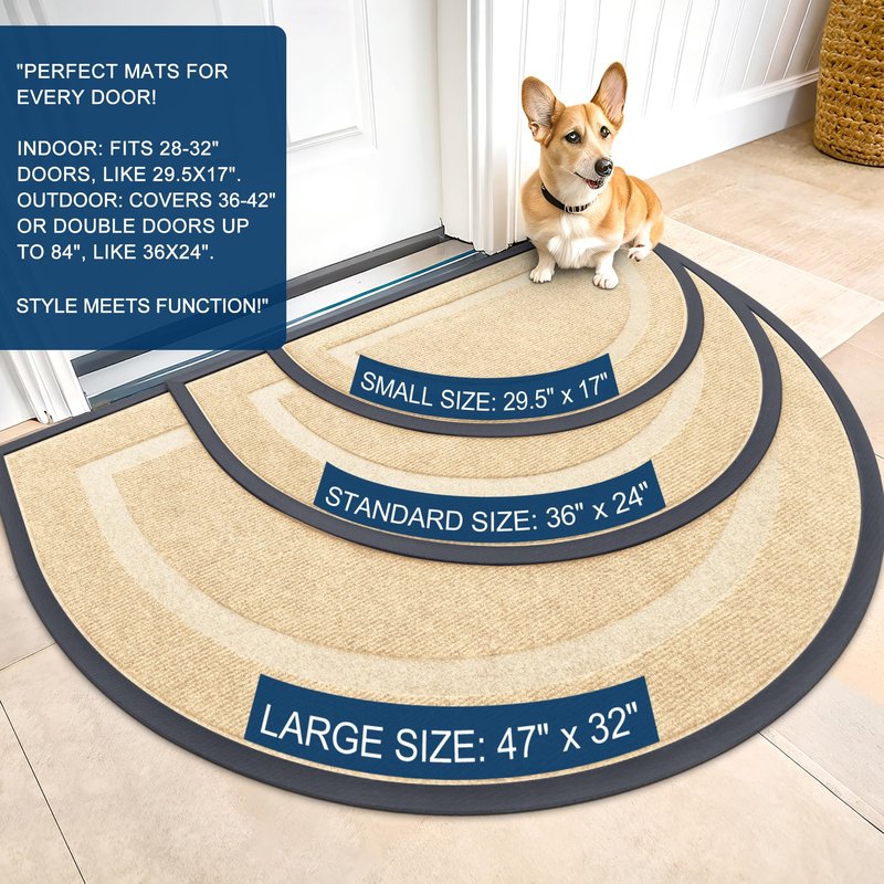 OLANLY Half Circle Door Mat Indoor Outdoor Entrance Welcome, Waterproof All-Season, All-Weather Doormat, Sturdy Natural Rubber, Low Profile, Easy Clean Patio Porch Entryway Mat, 59x34, Beige