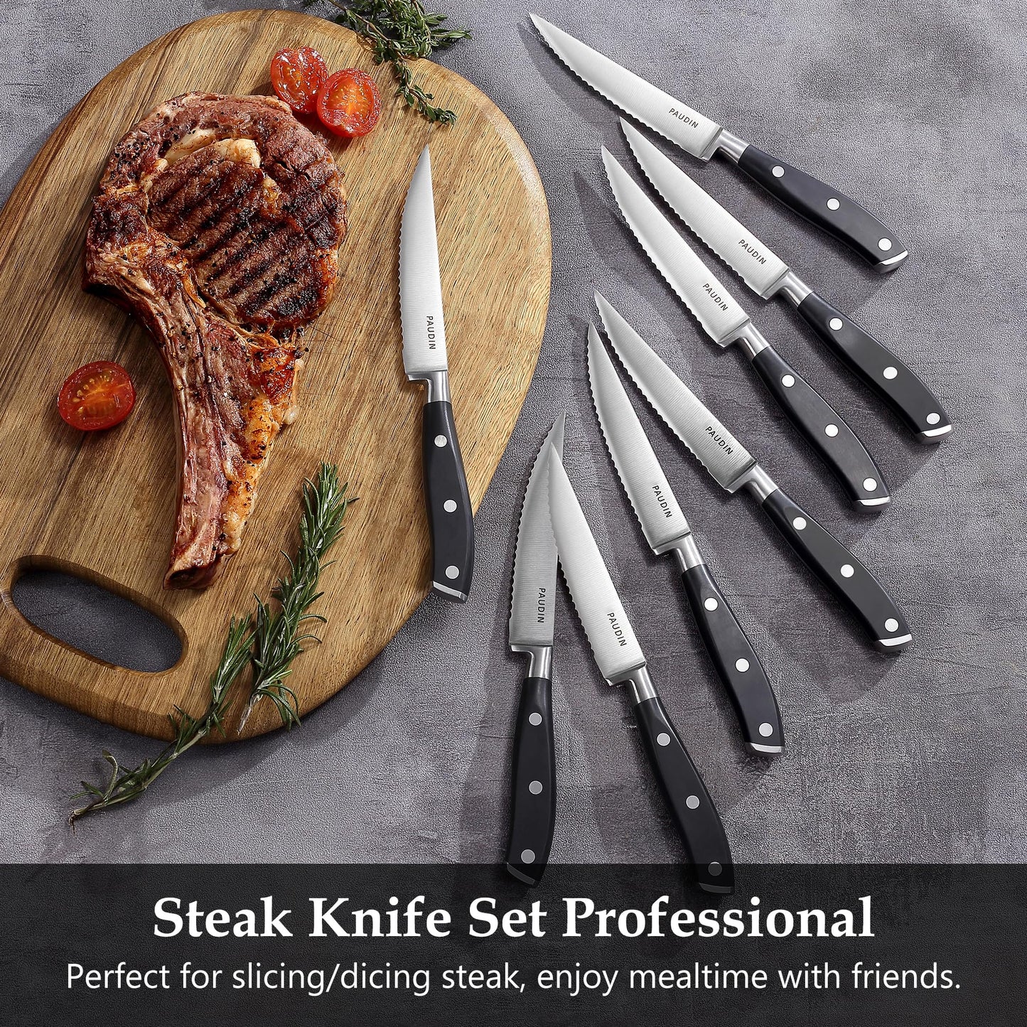 PAUDIN Steak Knives Set of 8, Steak Knives 4.5 Inch, High Carbon Stainless Steel Serrated Steak Knife Set with Full Tang Forged Blade & ABS Handle, Dinner Knives Black