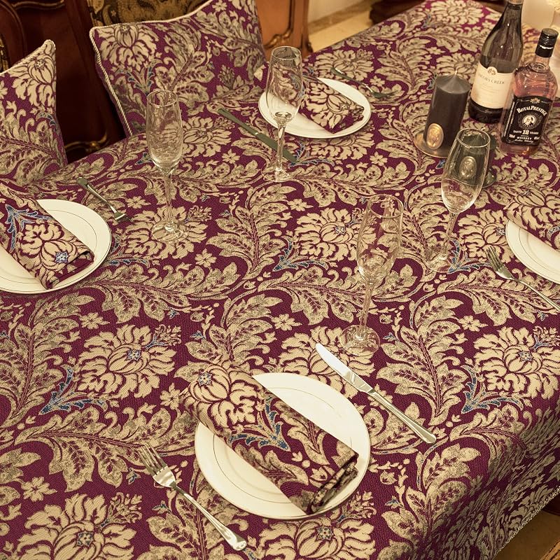 Jacquard Burgundy Red Rectangle Tablecloth 60x120 Inch - Damask Pattern, Water-Resistant