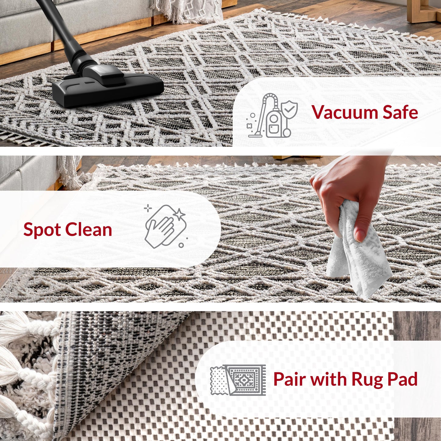 nuLOOM 2x6 Ansley Moroccan Tassel Area Rug, Grey, High-Low Textured Bohemian Design, Plush High Pile, Stain Resistant, For Bedroom, Living Room, Hallway, Entryway