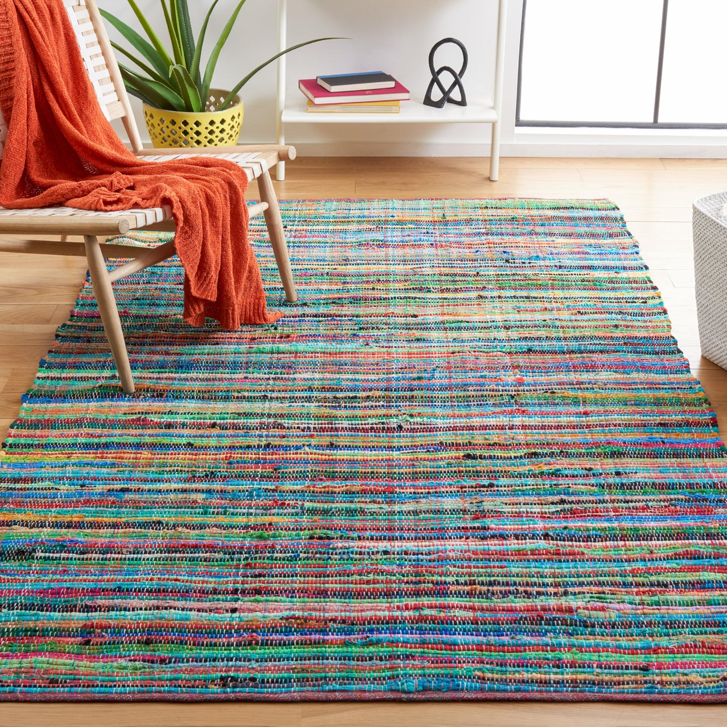 SAFAVIEH Rag Rug Collection Area Rug - 5' x 8', Green & Multi, Handmade Boho Stripe Cotton, Ideal for High Traffic Areas in Living Room, Bedroom (RAR240E)