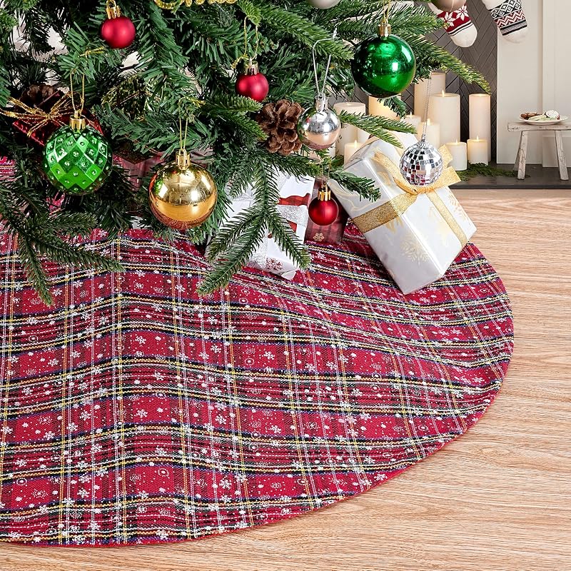 Christmas Plaid Tree Skirt 36-Inch Red & Green Buffalo Check with Snowflakes – Includes Variation Red/Green+36 Inches