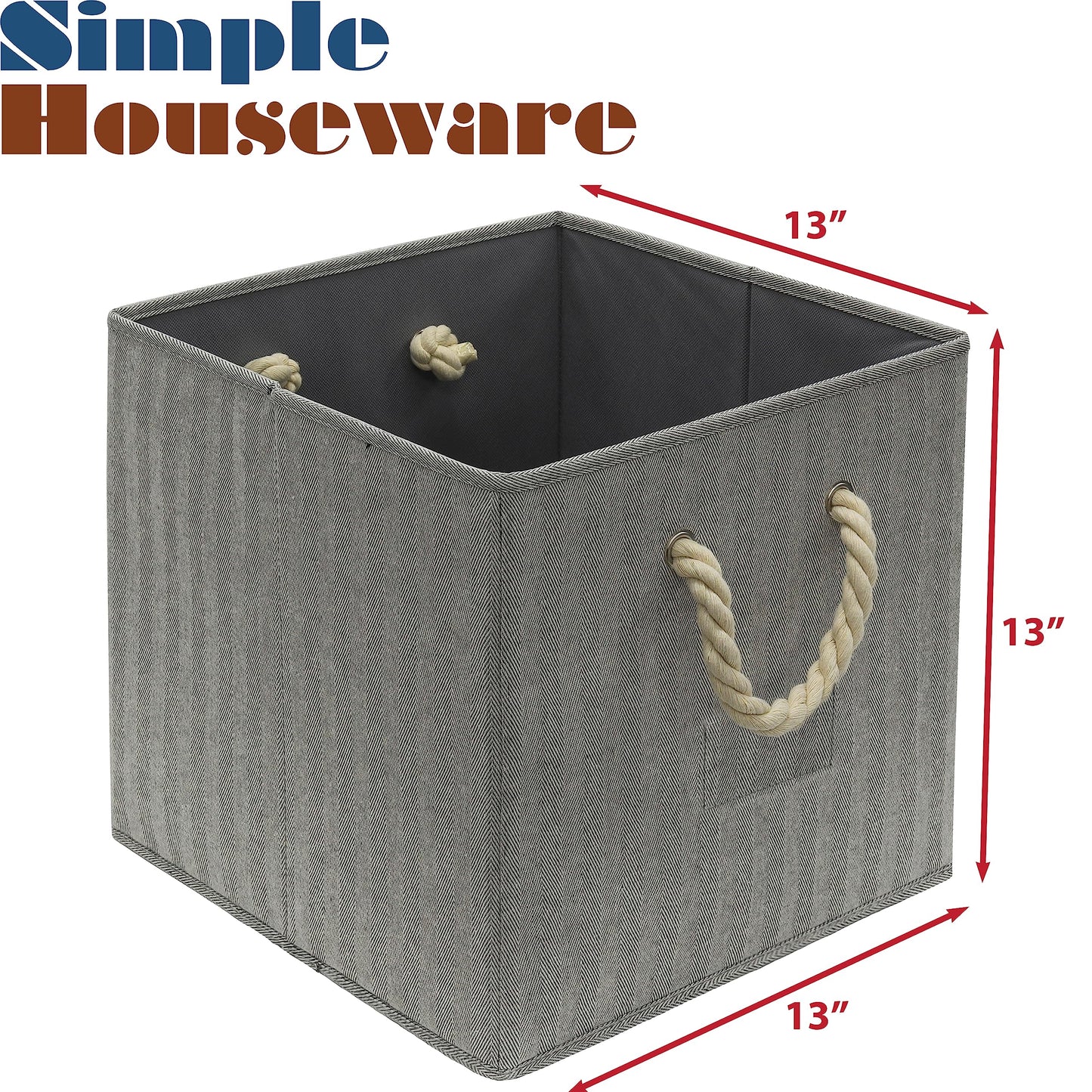 SIMPLE HOUSEWARE 13-Inch Cube Storage Bin With Braided Handles, 3 Pack, Gray