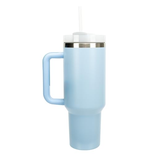 Elanze Designs 40 oz Stainless Steel, Large Water Bottle, Coffee Mug, Spill & Leak Resistant, Thermal Travel Tumbler With Handle, Lid & Straw, Pastel Blue