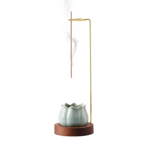 Ceramic Incense Holder with Ash Catcher and Wooden Base - Meditation Decor