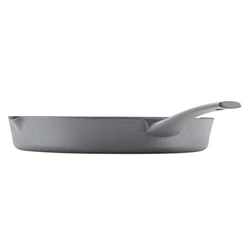 Rachael Ray NITRO Cast Iron Frying Pan/Skillet with Helper Handle and Pour Spouts, 12 Inch, Gray