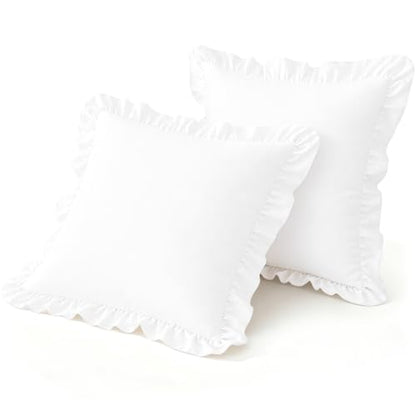 White Ruffle Euro Sham Covers 26x26 Set of 2 - Microfiber Decorative Pillowcases