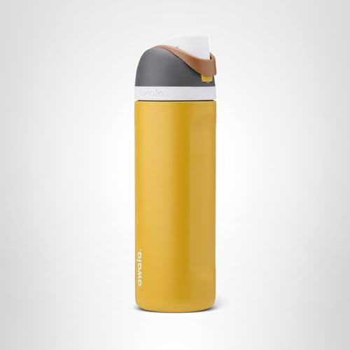 Owala FreeSip Insulated Stainless Steel Water Bottle with Straw for Sports and Travel, BPA-Free Sports Water Bottle, 24 oz, Grey/Yellow, Golden Conquest