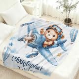 Personalized Baby Boy Blanket with Name - Aviator Teddy Bear & Airplane Flannel Throw - Blue Nursery Bedding - Blanket #3
