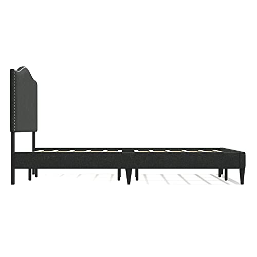 Glenwillow Home Kameli Upholstered Platform Bed Frame/Nailhead Trim Camelback/Mattress Foundation/No Box Spring Needed/Easy Assembly, Beige, Queen