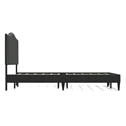 Glenwillow Home Kameli Upholstered Platform Bed Frame/Nailhead Trim Camelback/Mattress Foundation/No Box Spring Needed/Easy Assembly, Beige, Queen
