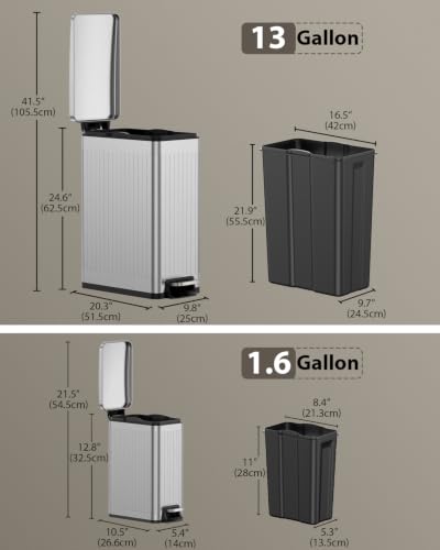 Silver 13-Gallon Kitchen Trash Can with Lid & 2 Pack 1.6-Gallon Bathroom Bins