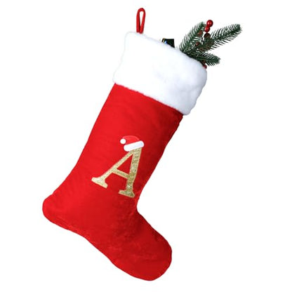 Monogram Christmas Stockings with Letters - 18 Inch White Plush Cuff with Red Velvet - Holiday Gift & Decor - Variation A