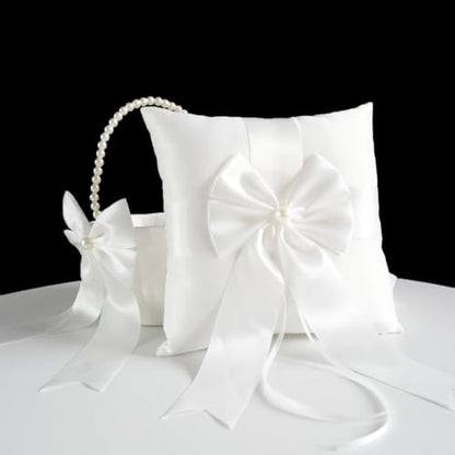 Wedding Flower Girl Basket & Ring Bearer Pillow Set Handcrafted Pearl Decor