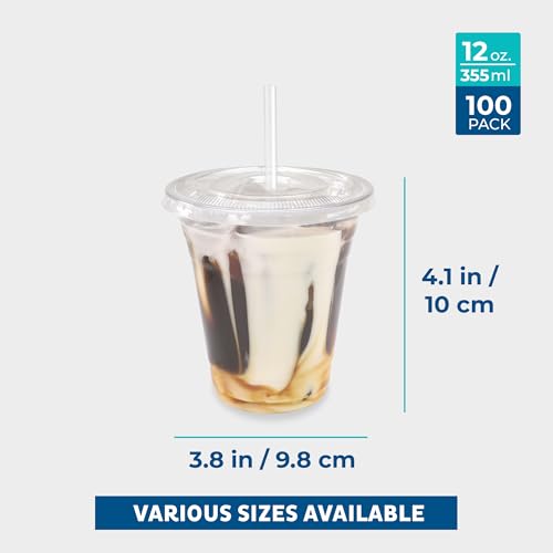 Freshware 12 oz Clear Disposable Plastic Cups with Flat Lids and Straws, 100 Pack Clear Plastic Cups Tumblers, Heavy-duty Party Glasses, Disposable Cups for Thanksgiving, Halloween, Christmas Party