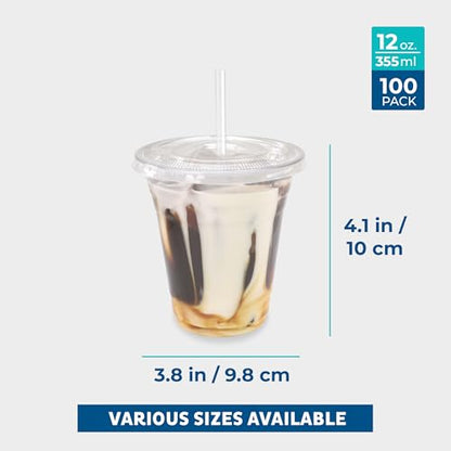 Freshware 12 oz Clear Disposable Plastic Cups with Flat Lids and Straws, 100 Pack Clear Plastic Cups Tumblers, Heavy-duty Party Glasses, Disposable Cups for Thanksgiving, Halloween, Christmas Party