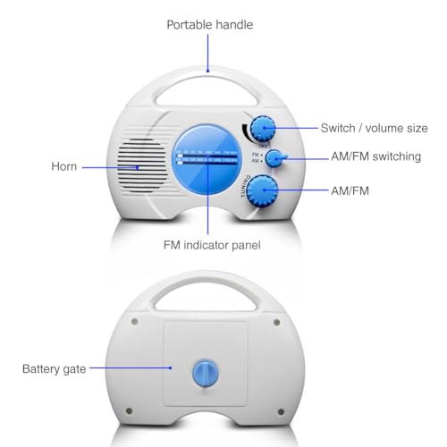 Waterproof Portable Shower Radio with AM/FM, Built-in Speaker, Adjustable Volume