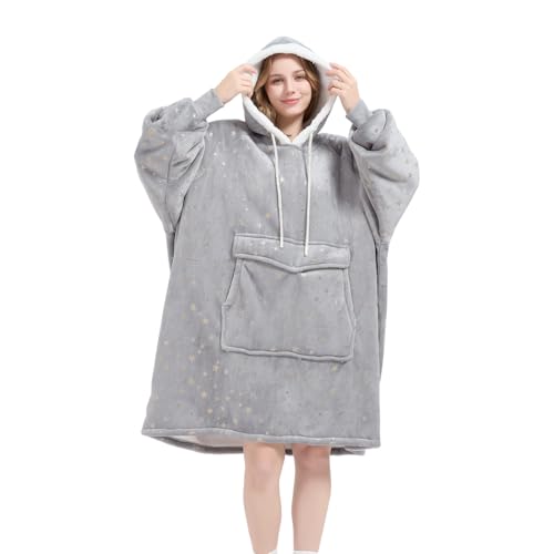 Wearable Blanket Hoodie for Women - Silver Foil Star Oversized Sherpa Pullover