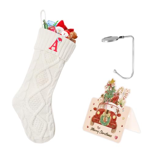 Christmas Stockings with Initials - 18 Inch Knit Monogram Letter Xmas Stocking - White / Letter A
