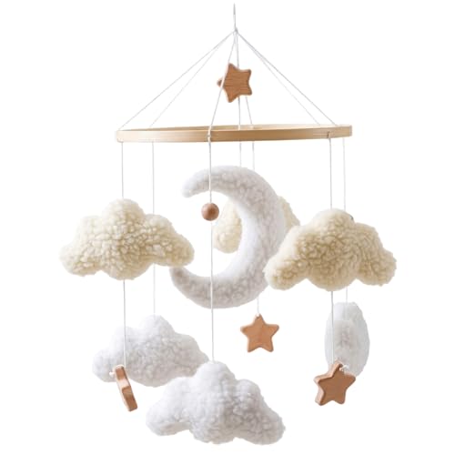 Baby Crib Mobile with Moon Clouds & Wooden Stars - Nordic Style Nursery Decor