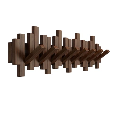 Walnut Wooden Wall-Mounted Coat Rack with 8 Hooks - Flip-Down Space Saver Hanger