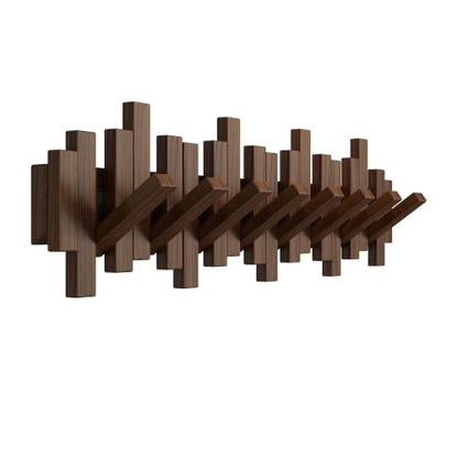 Walnut Wooden Wall-Mounted Coat Rack with 8 Hooks - Flip-Down Space Saver Hanger